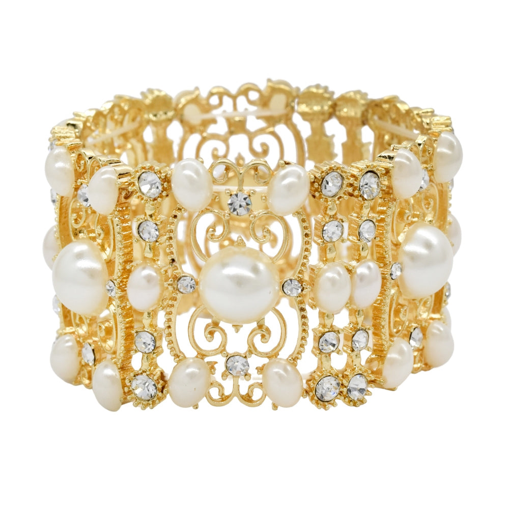 Fashion pearl and clear crystal gold plated swirl decorative stretch cuff bracelet - ABB2003