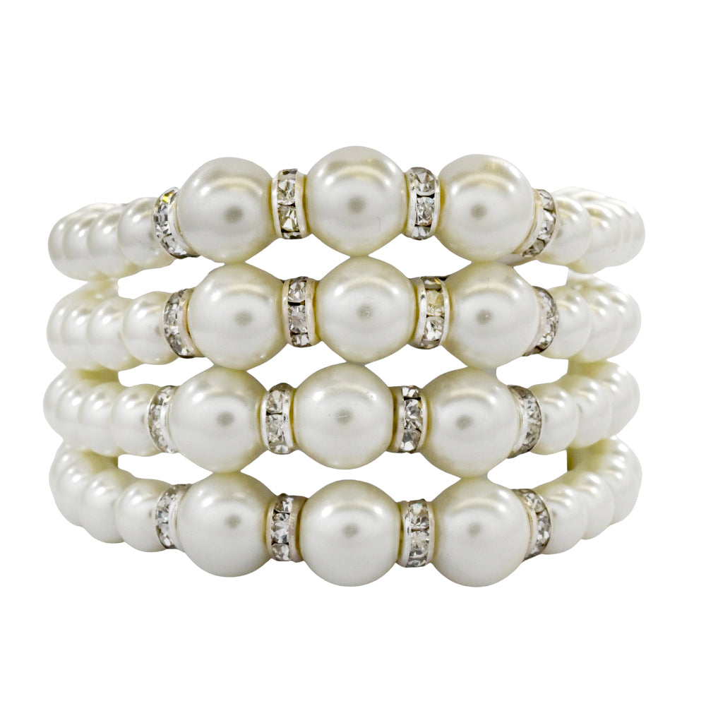 Fashion 4 Row mixed size stretch pearl and crystal stoppers statement bracelet - ABB2030