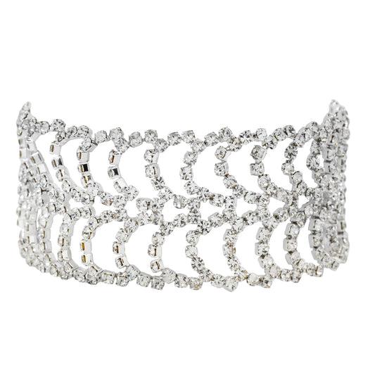 Fashion silver plated double crescent cutout pattern crystal broad bracelet - ABB2031