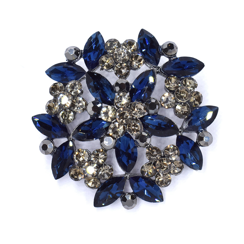 ABBR1029 - Blue and grey diamante flower brooch