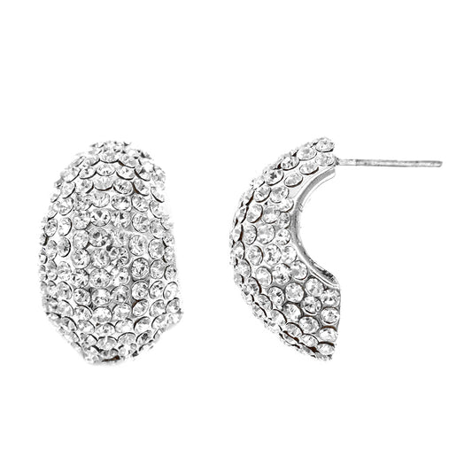 Fashion crescent domed crystal silver stud earring 20mm x 12mm - ABE2022