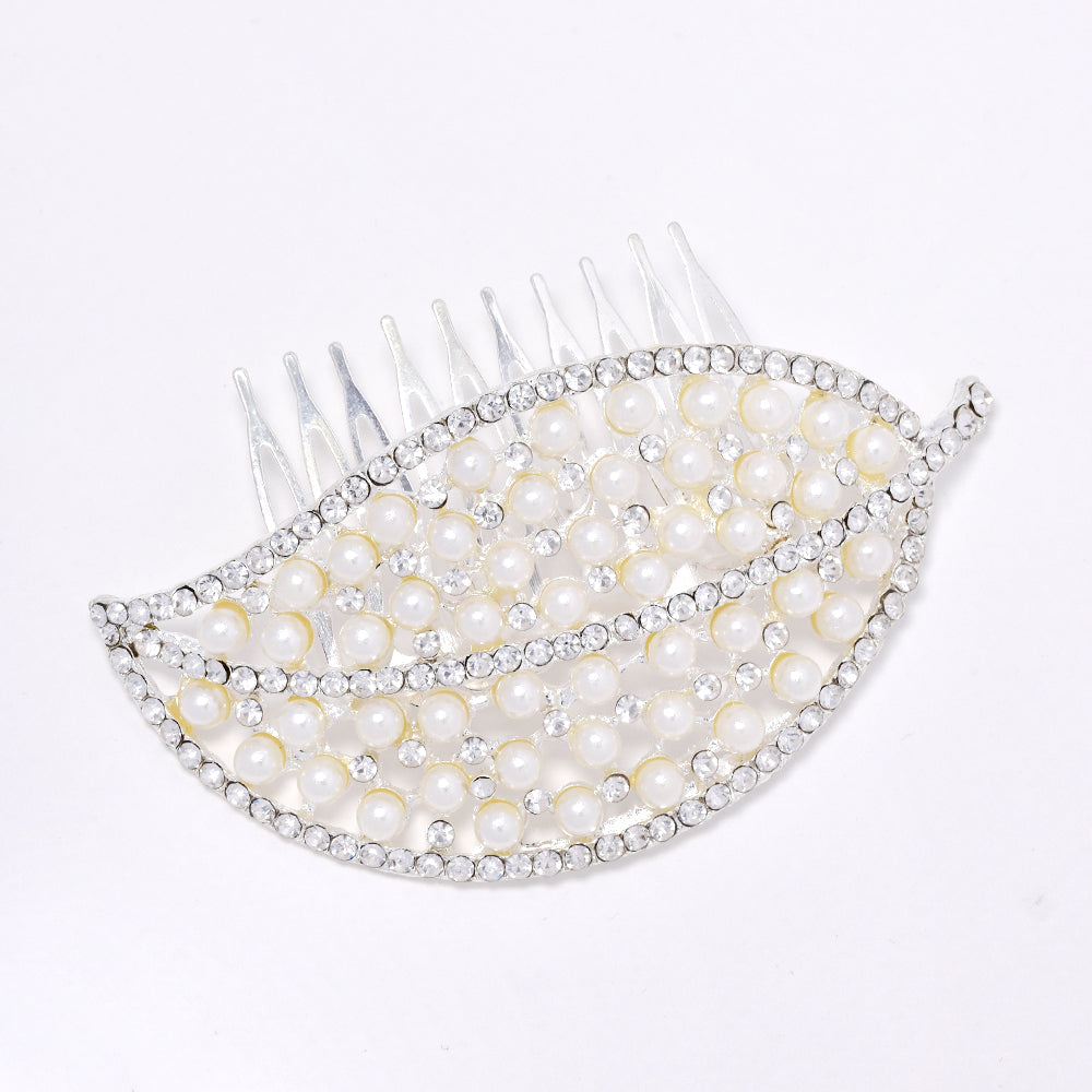 Statement silver plated crystal and pearl leaf hair comb - ABH1011