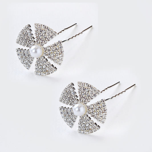 2 Pack Crystal and pearl geometric flower hair pin - ABH1041