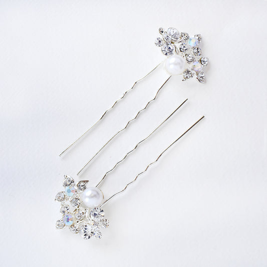 2 Pack crystal flowers and pearl hair pins - ABH1048