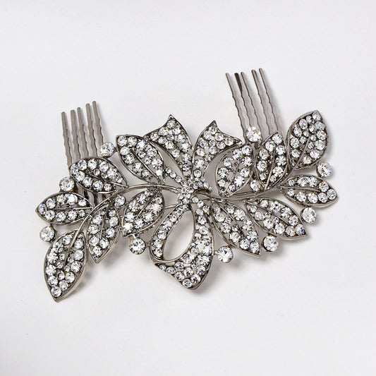 Fern leaf and bow crystal hair comb - ABH1063