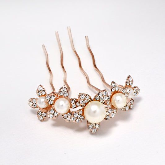 5 Flower crystal and pearl rose gold hair comb - ABH1070