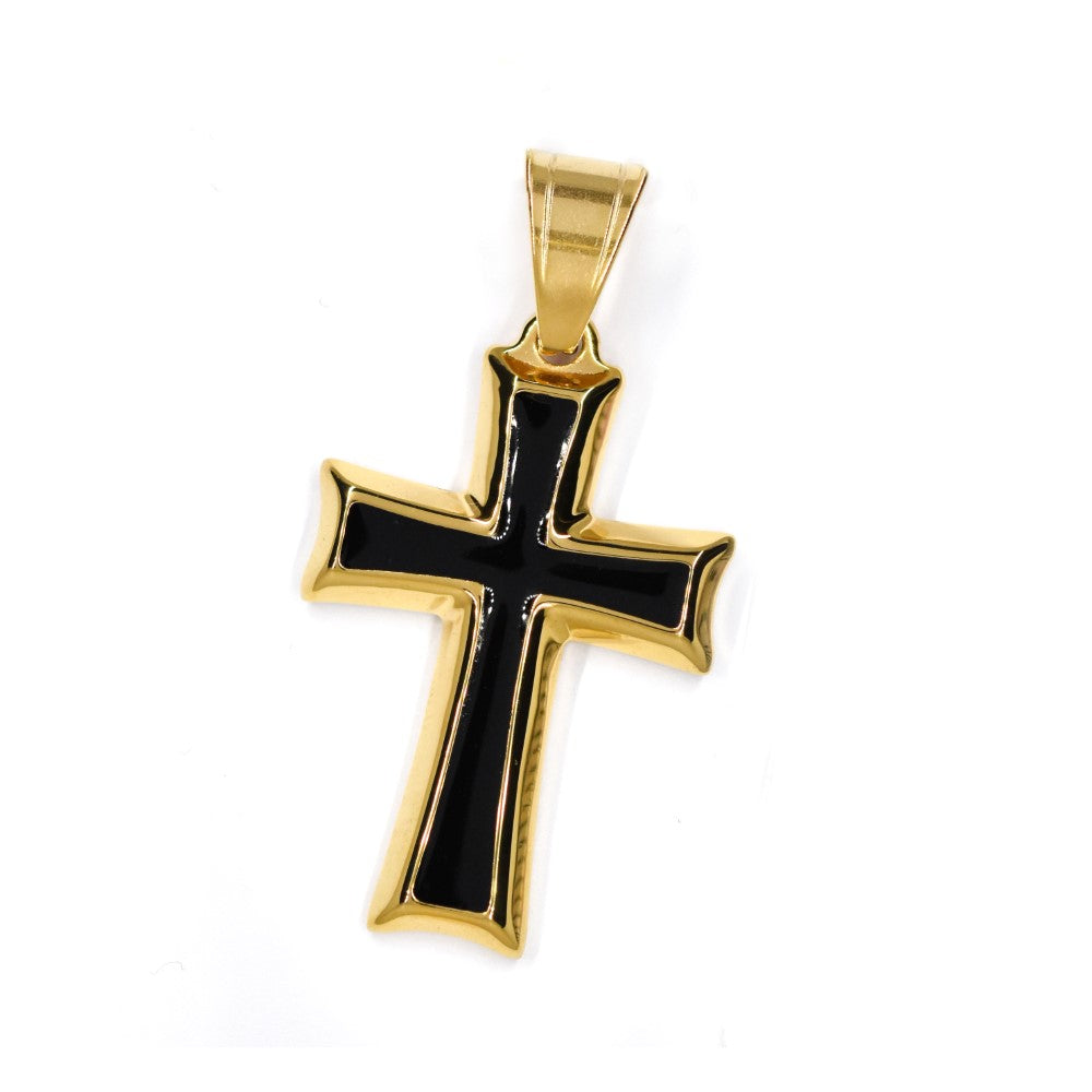 Stainless steel gold with black enamel curved edge cross pendant - ABSSN53I