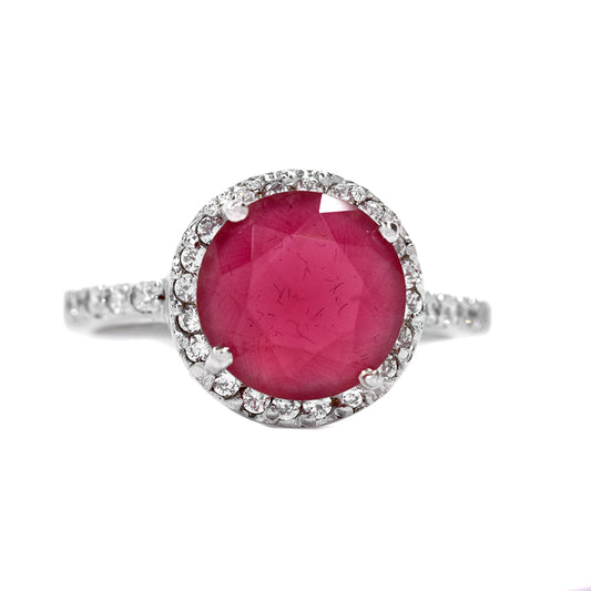 925 Silver round cerise centre and clear cubic zirconia shank ring - BR983-1