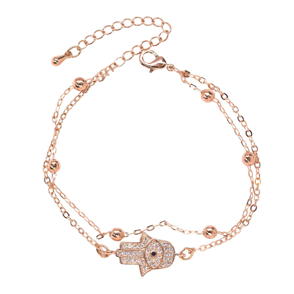 Premium rose gold cubic zirconia Hamsa double strand bracelet