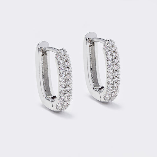 Premium silver plated 16x3mm oval 3 row CZ hoops - CZYE5721