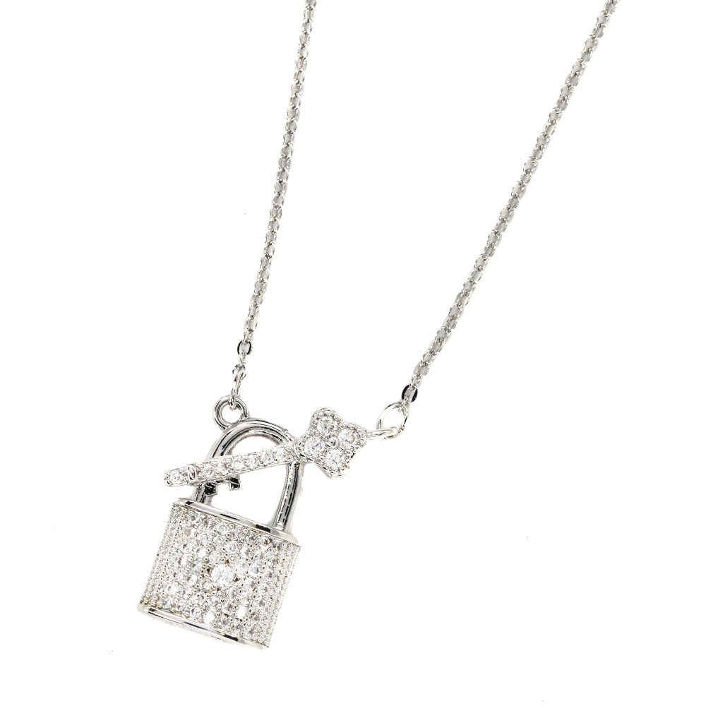 Premium cubic zirconia lock & key silver necklace