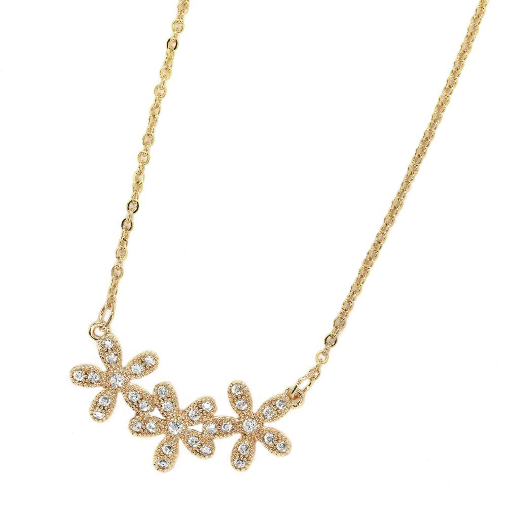 Premium cubic zirconia 3 flower gold plated necklace