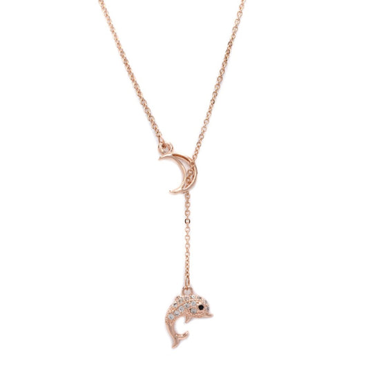Premium rose gold moon and Cubic zirconia dolphin Y chain