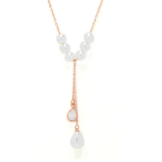 Premium rose gold plated pearl and Cubic zirconia teardrop Y necklace