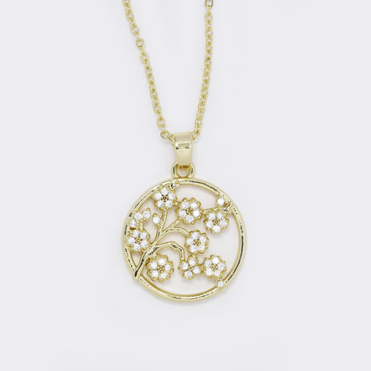 Round gold cutout disk with CZ flower - CZYP5765