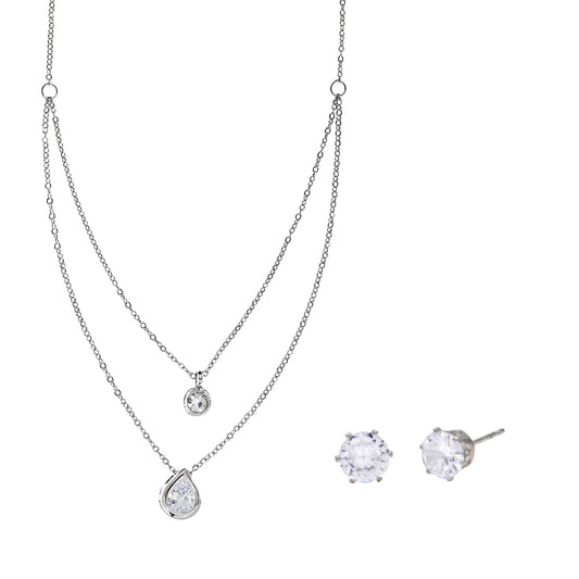 Premium fashion silver cubic zirconia teardrop layered necklace with earring set