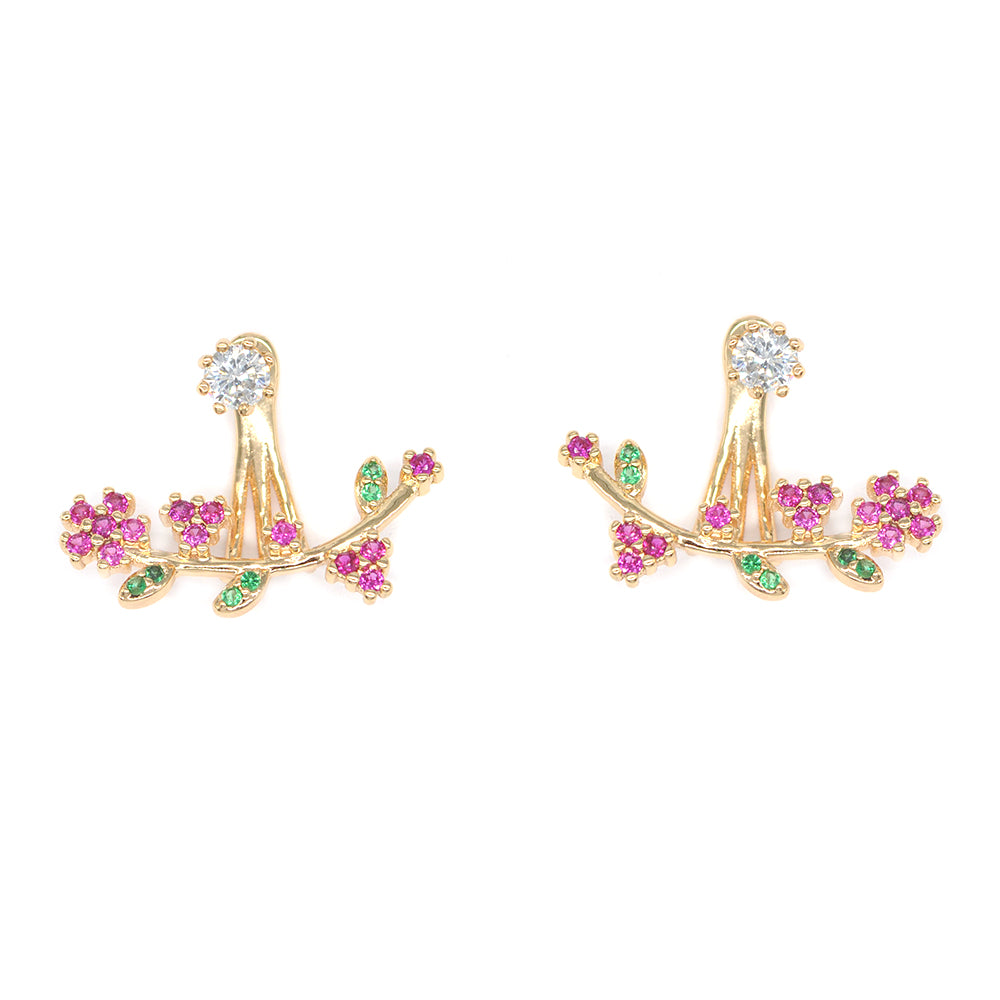 premium cubic zirconia pink and green flower jacket earring