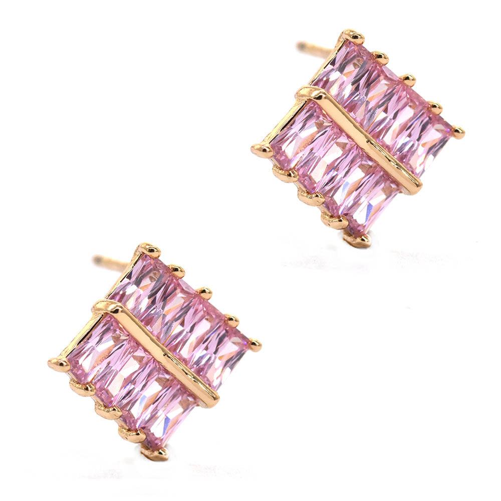 Premium gold plated pink cubic zirconia baguette diamond shaped stud earring