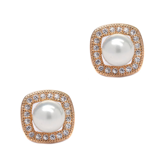 Premium gold plated cubic zirconia and pearl round edge square stud earring