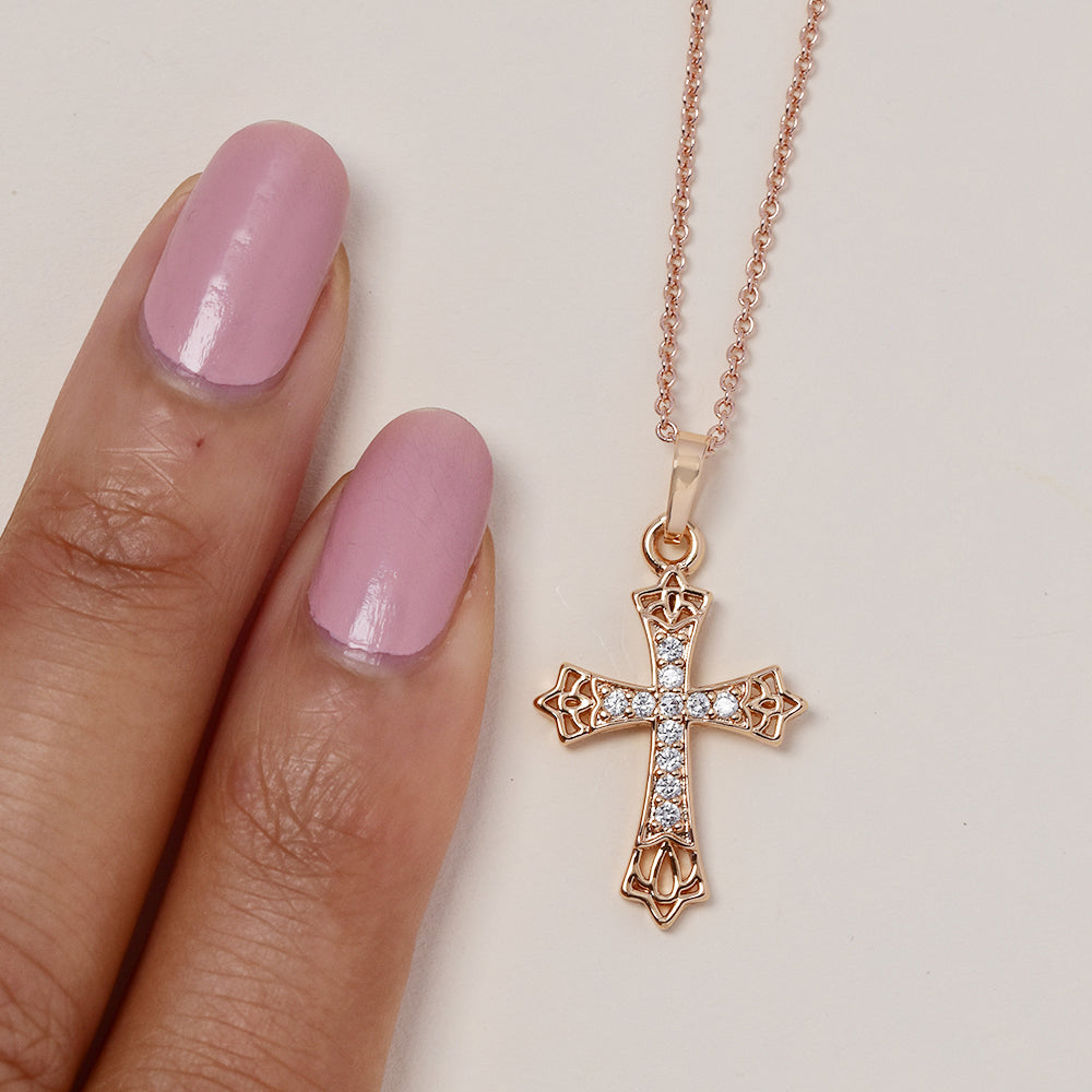 Premium rose gold plated cubic zirconia decorative edging cross necklace