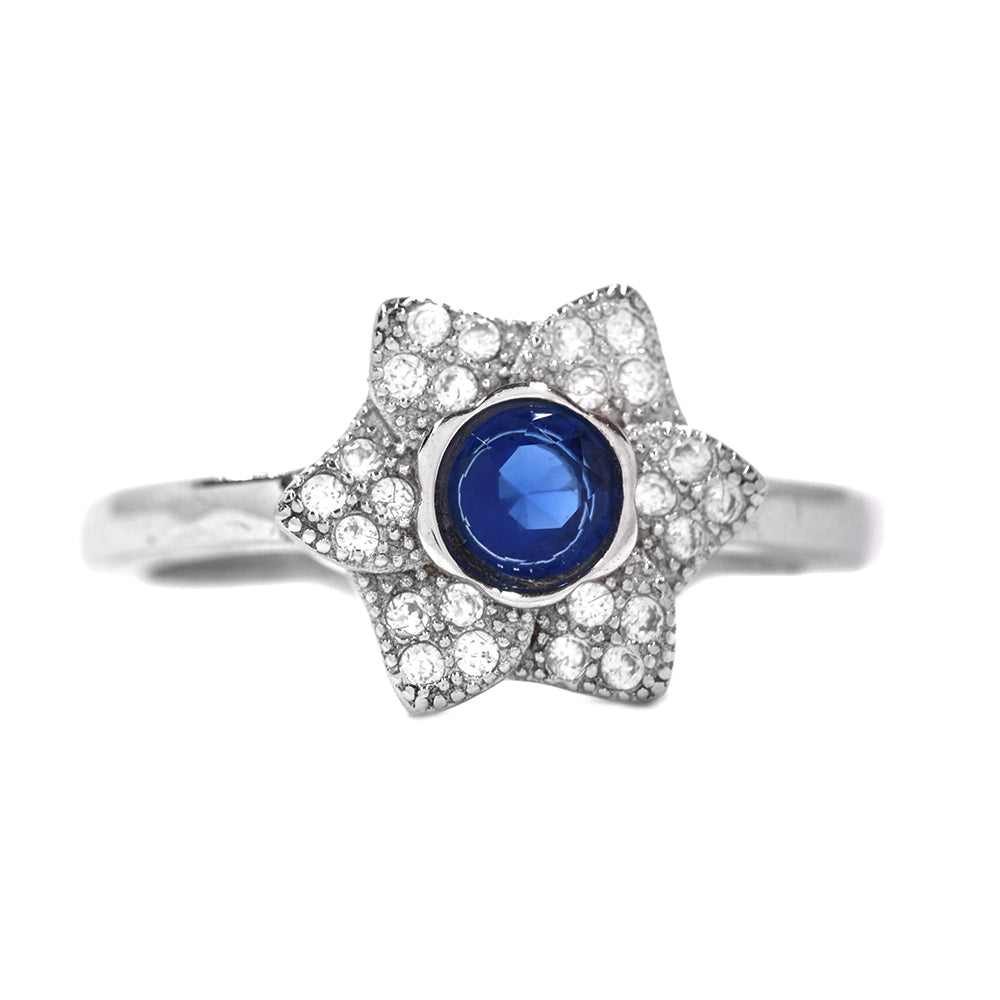 925 Silver 6 star ring with blue stone centre - GSCR014