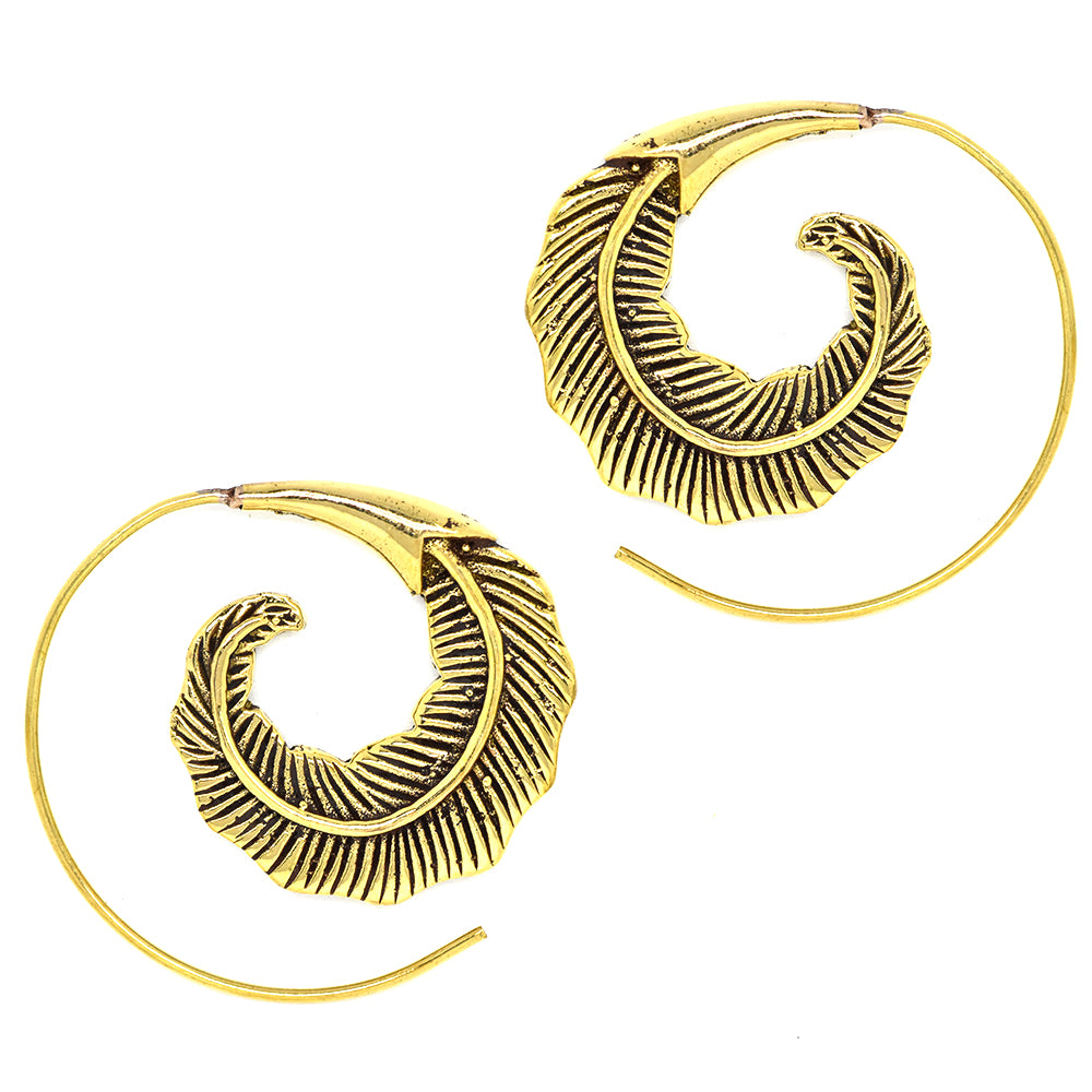 Brass gold oxidized feather coil earring - IFE177