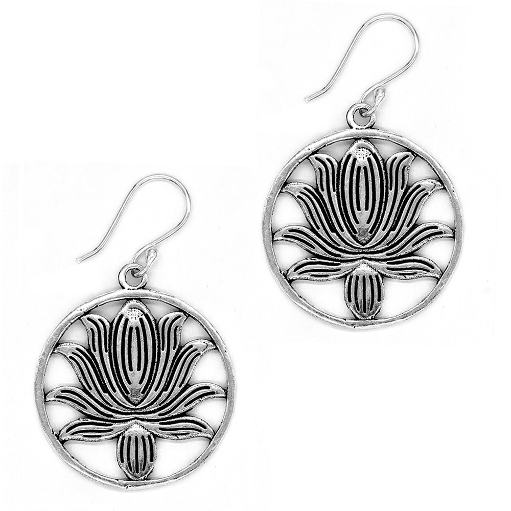 Brass rhodium oval lotus drop earring - IFE257