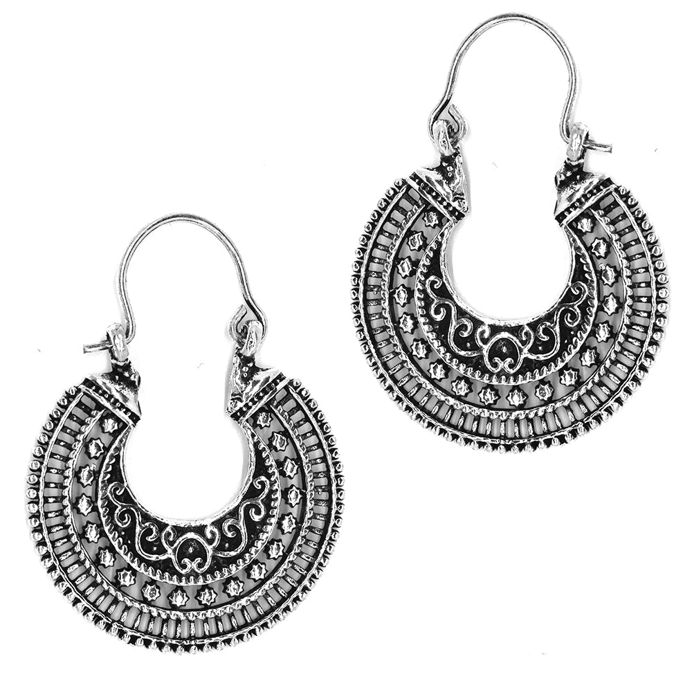 Brass silver plated multi pattern basket statement earring - IFE310