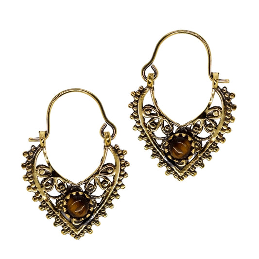 Brass Tigers eye gold plated filigree earrings - IFE551