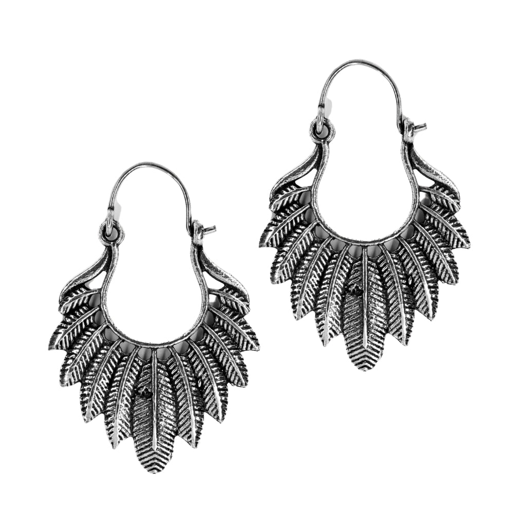 Brass feather inspired silver plated statement earrings - IFE561