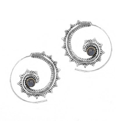 Brass stipple and smooth edge gemstone coil earring - IFE591