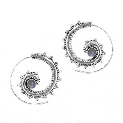 Brass stipple and smooth edge gemstone coil earring - IFE591