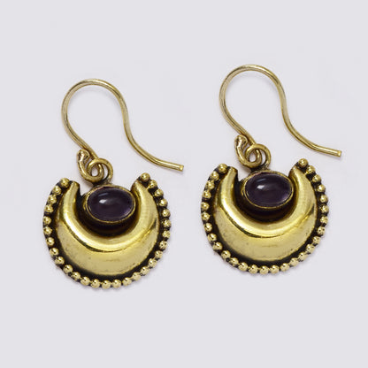 Brass gemstone dotted edged crescent earring - IFE607