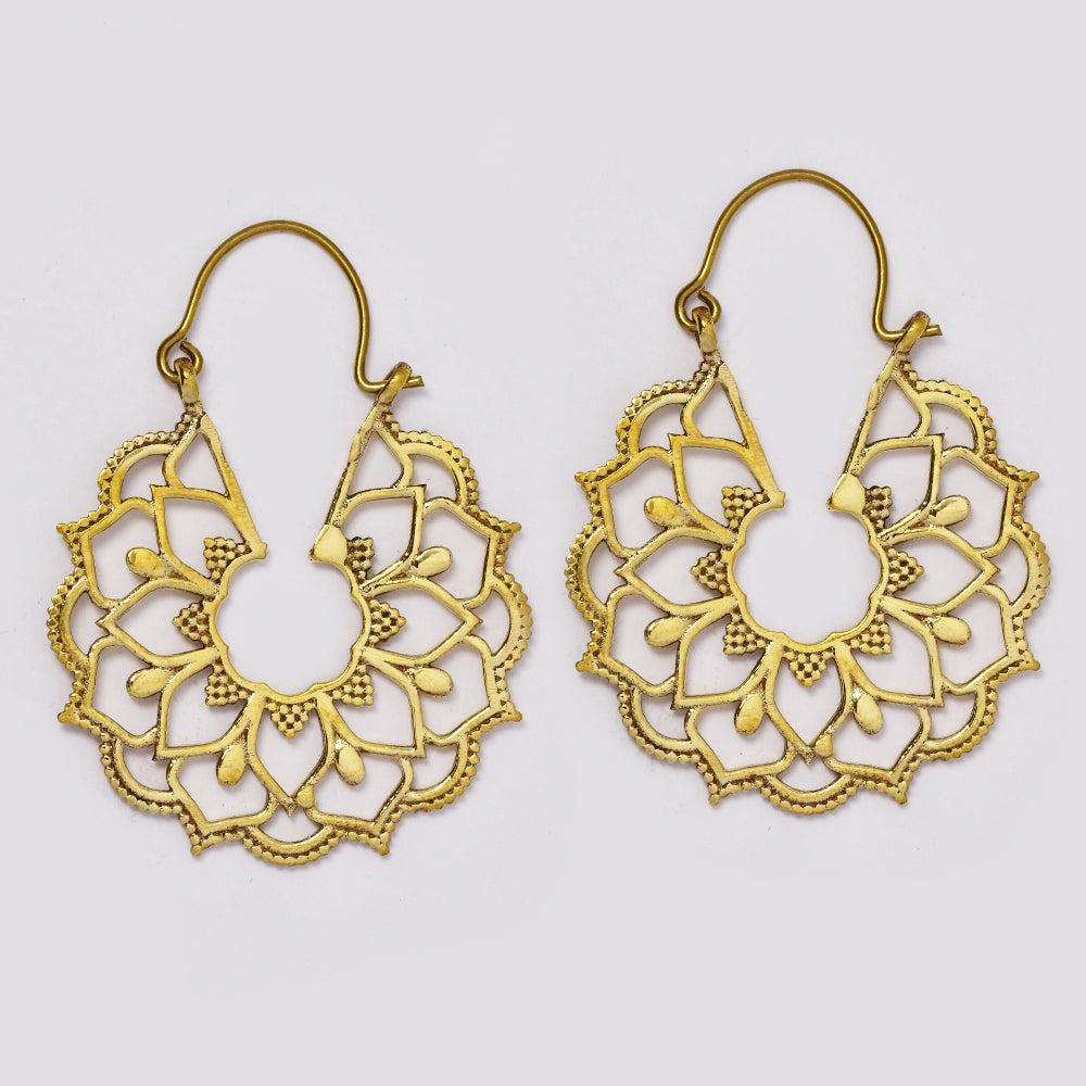 Brass lotus flower inspired flat basket design brass hoop earrings - IFE723