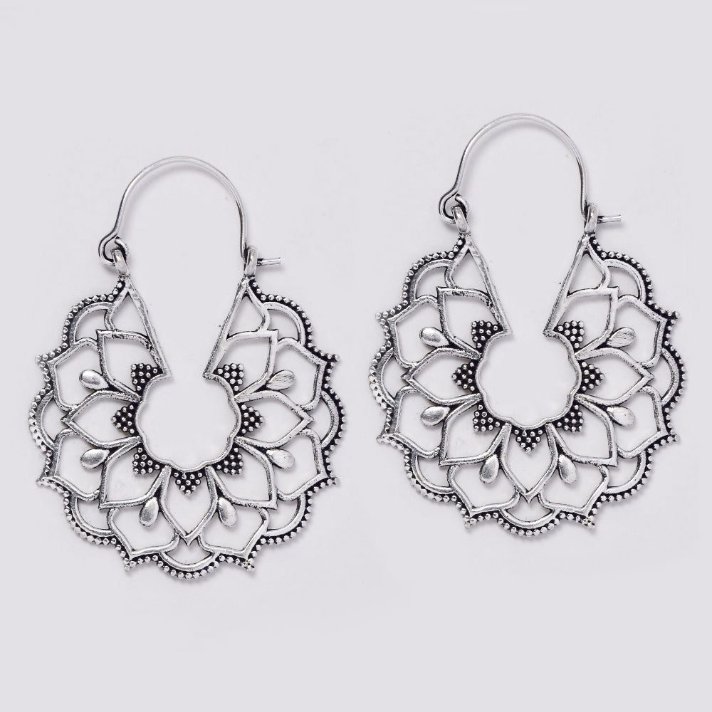 Brass lotus flower inspired flat basket design brass hoop earrings - IFE723