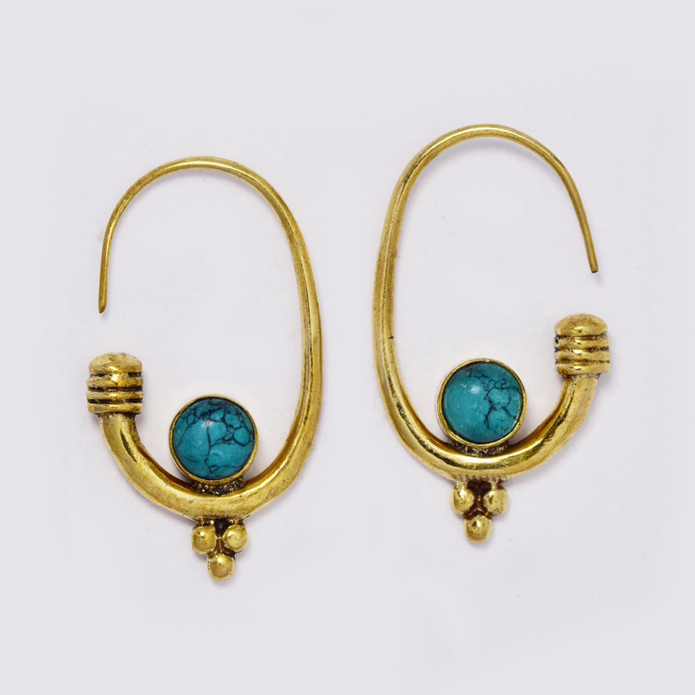 Brass large C shaped brass earrings with tube set turquoise stones - IFE729