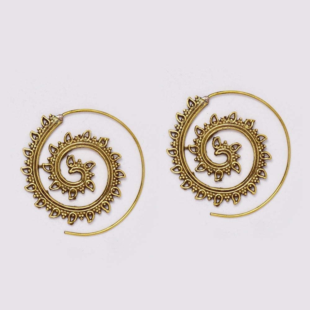 Brass large teardrop and stipple pattern coil earrings - IFE731