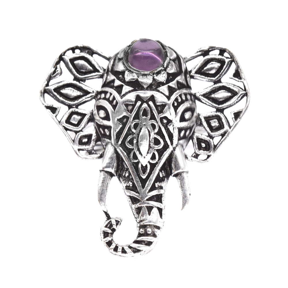 Brass silver plated amethyst elephant free size ring - IFR280