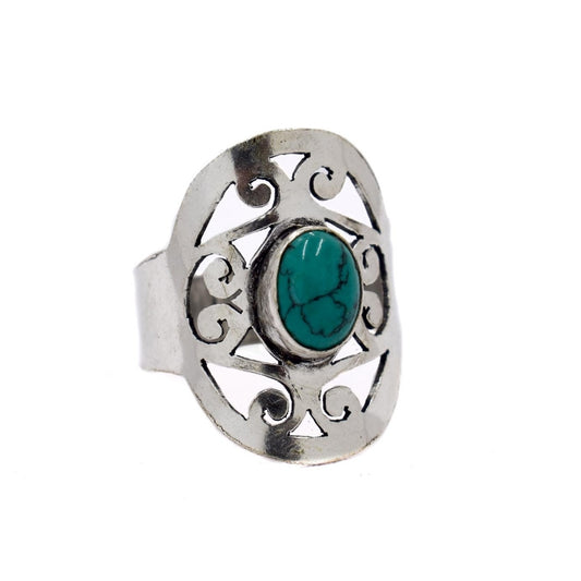 Brass silver turquoise gemstone cutout swirl statement ring - IFR531