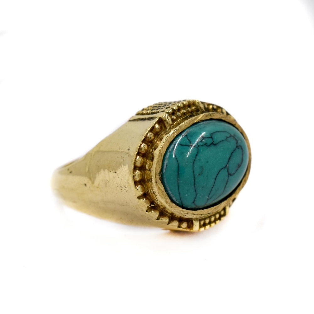 Brass gemstone oval statement ring with stipple detail - IFR537