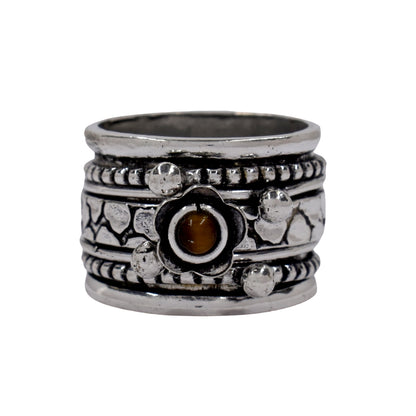 Brass multi patterned broad band gemstone oxidized ring