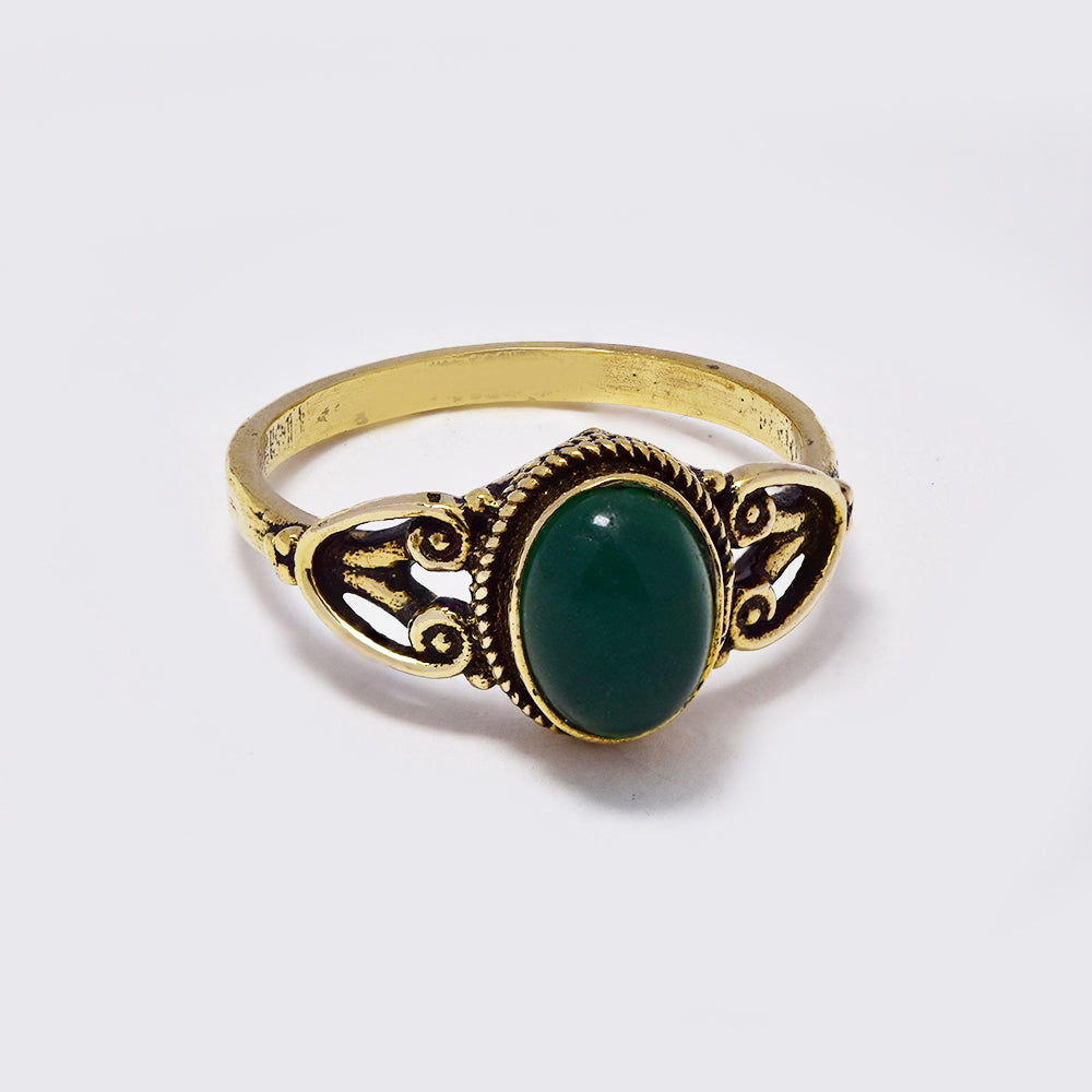 Brass ring with long oval gemstone with rope and filigree frame - IFR704