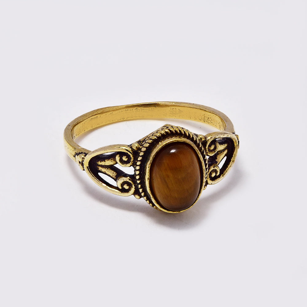 Brass ring with long oval gemstone with rope and filigree frame - IFR704