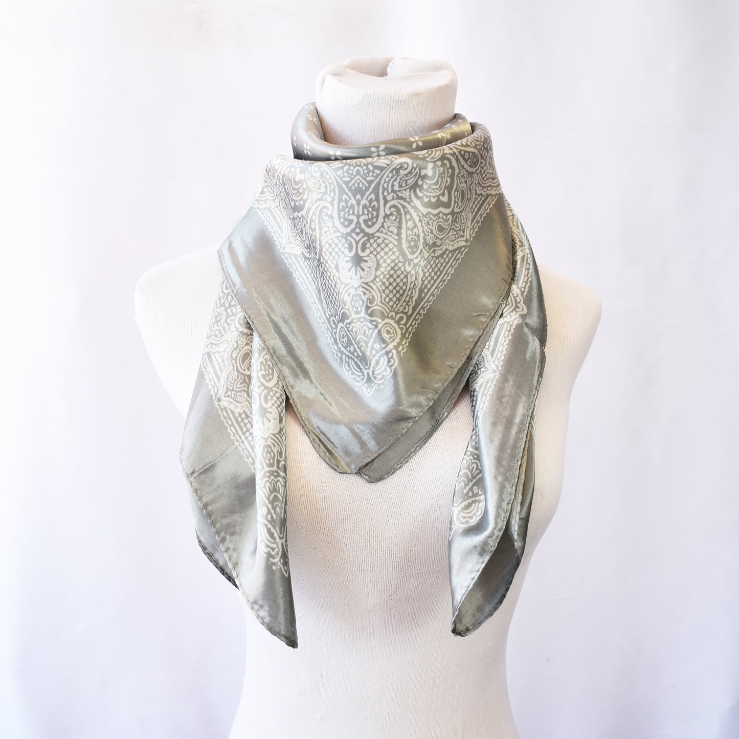 Grey silk square scarf with white paisley print   850mm X 850mm - LS706