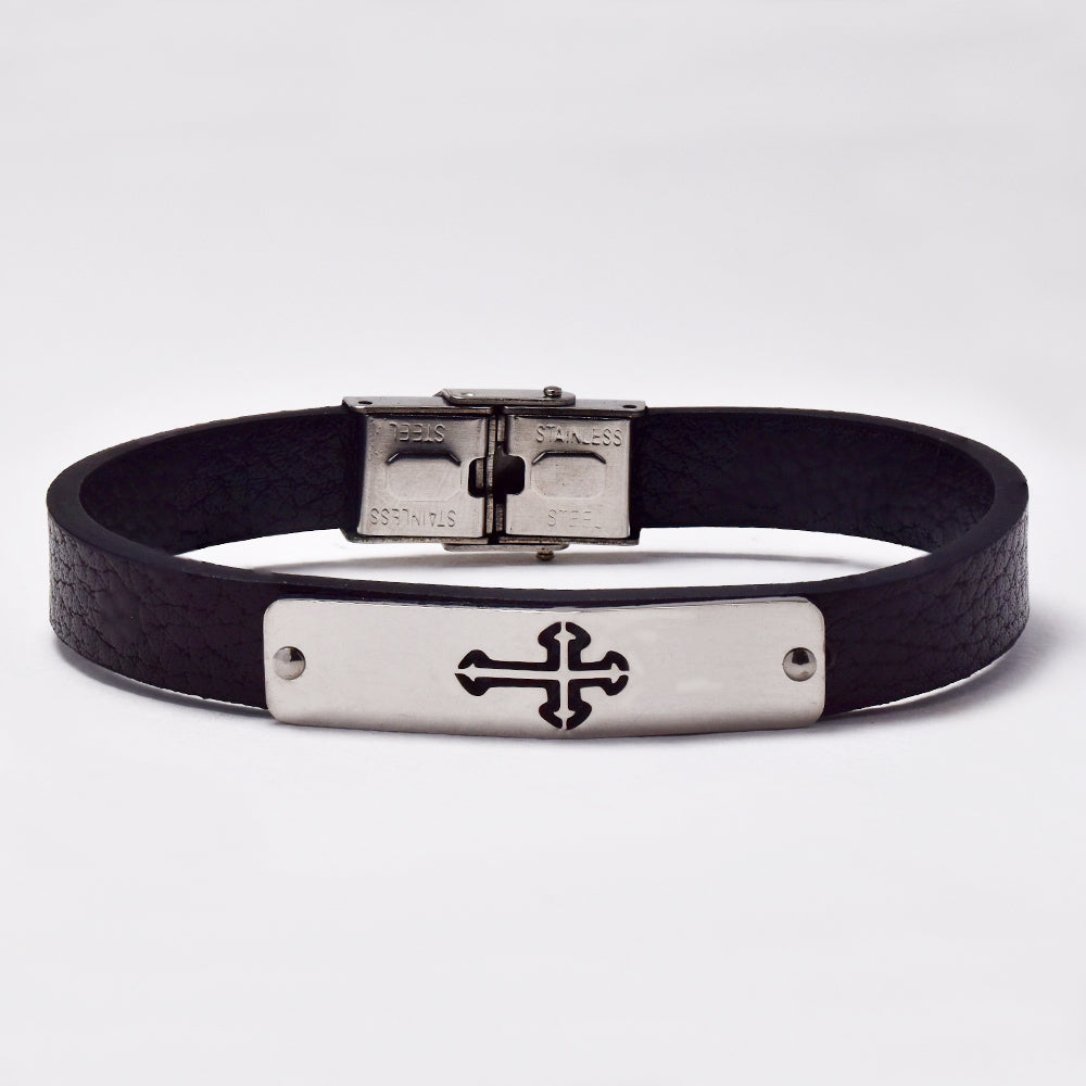 Stainless steel cutout cross ID leather bracelet - NCSSB031