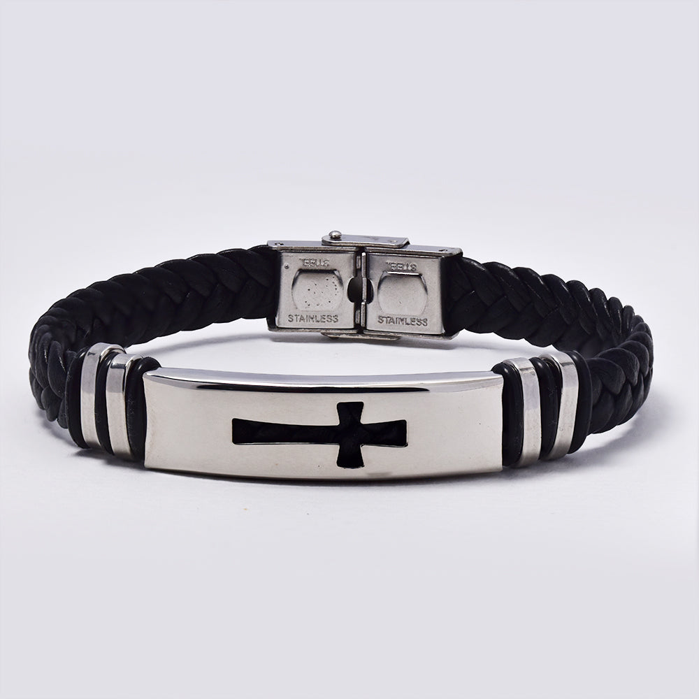 Stainless steel cross braided black strap bracelet - NCSSB041