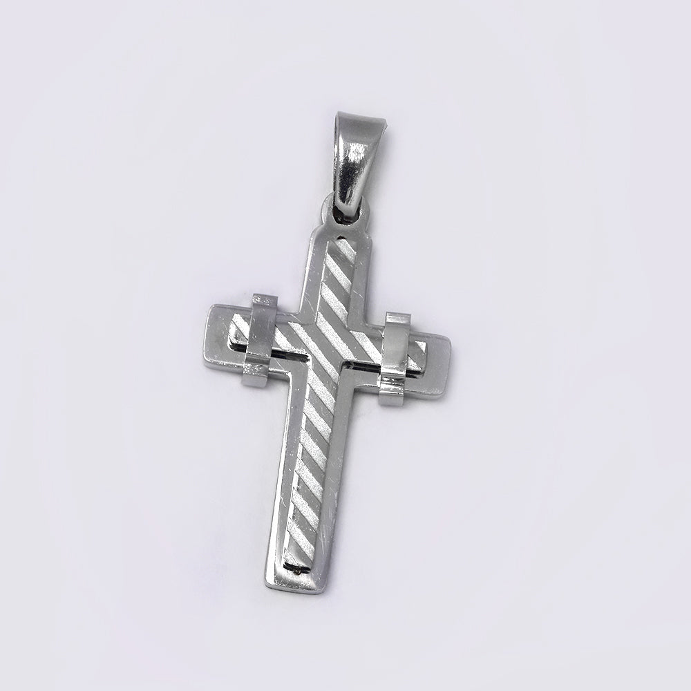 Stainless steel double cross with slanted matte and shiny lines - NCSSP032