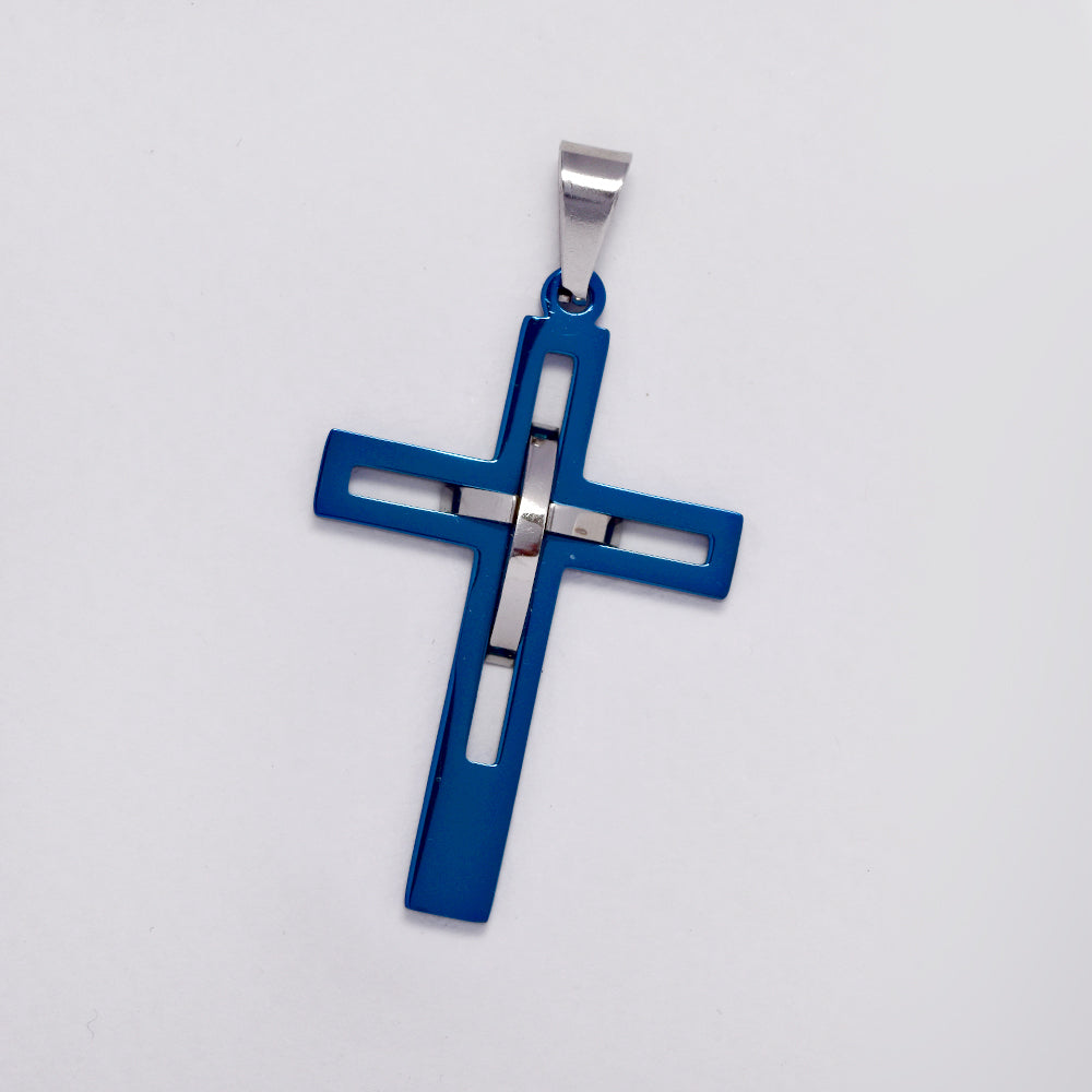 Stainless steel blue and silver cross inside cross pendant - NCSSP035