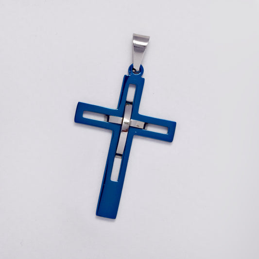 Stainless steel blue and silver cross inside cross pendant - NCSSP035