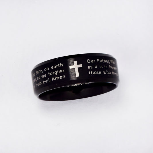 Stainless steel 'Lord's Prayer' ring with cross - NCSSR018